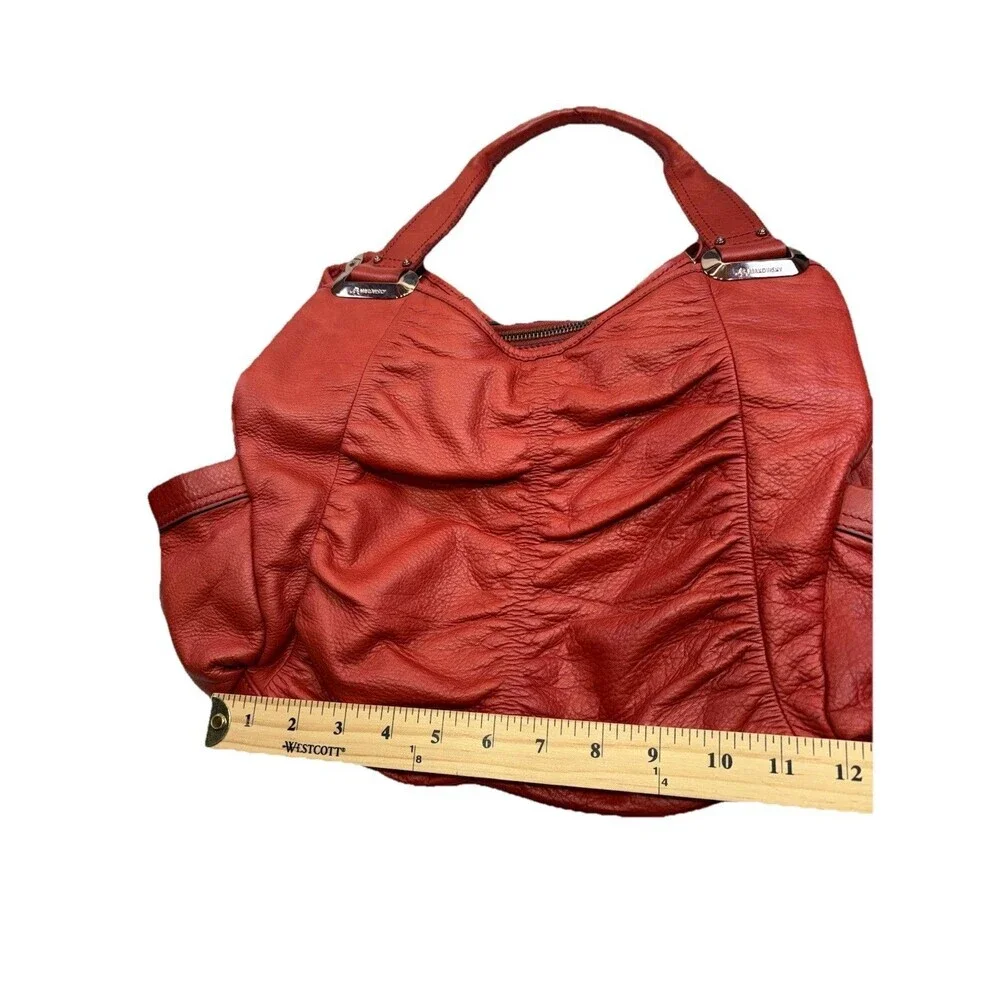 B. Makowsky Red Orange Pebbled Leather Satchel Bag Boho Shoulder Purse 3-Section